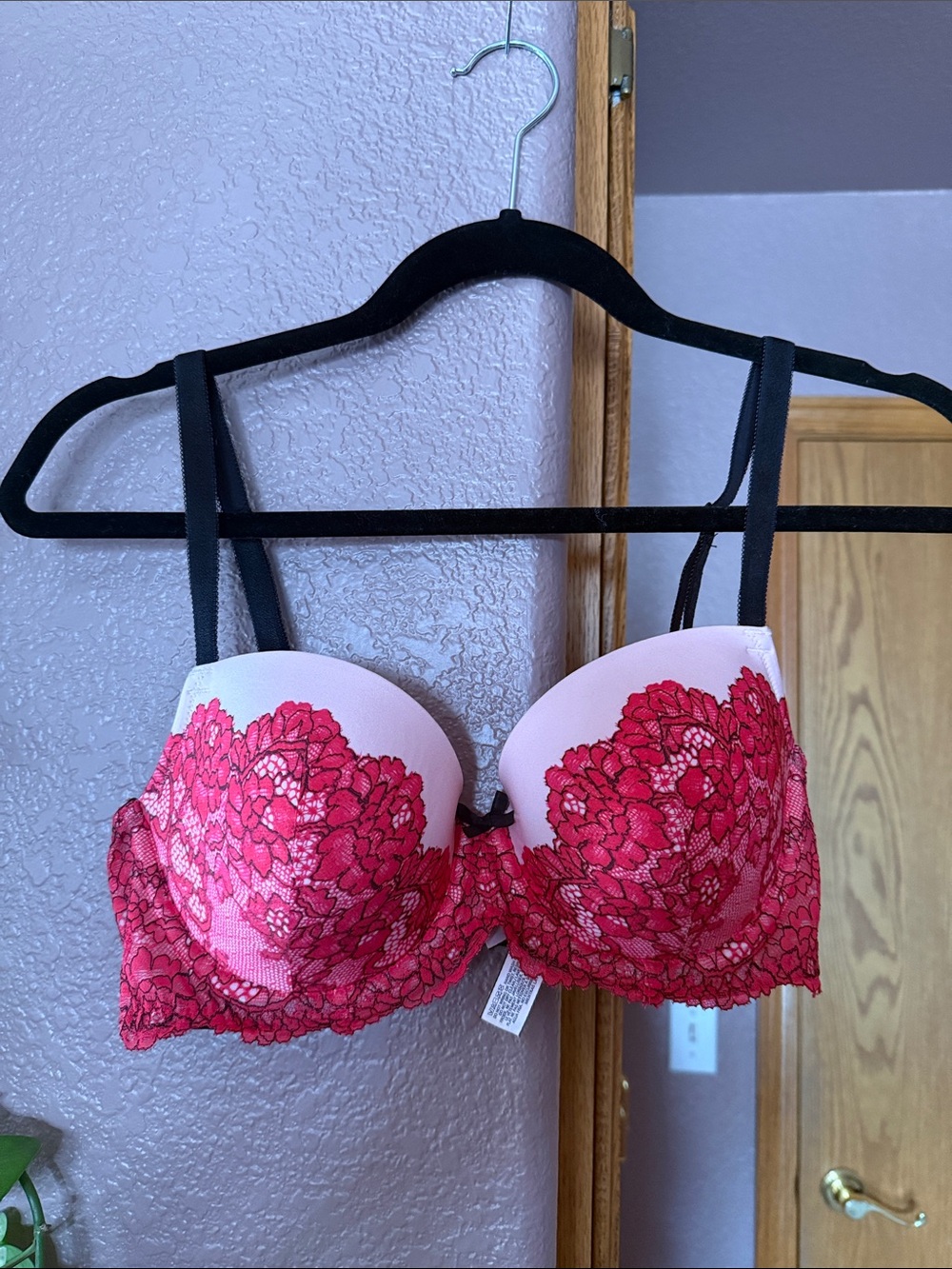Victoria's Secret Pink Bra with Red Floral Lace and Black Straps